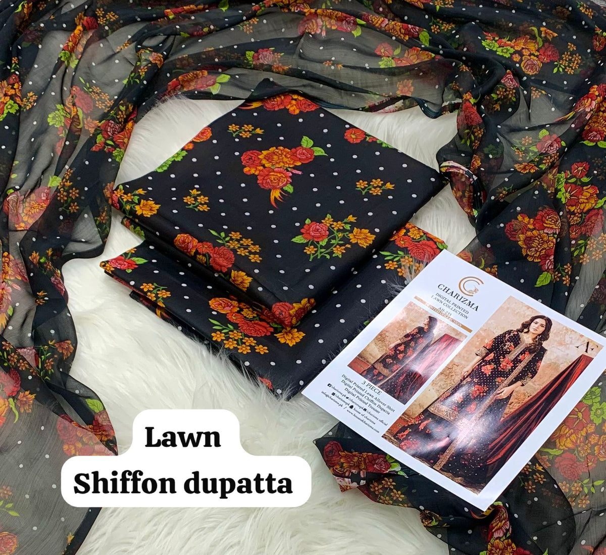 Charizma 3-Piece Unstitched Lawn Suit Black & Red | Buy Online Pakistan | Bella's Creation