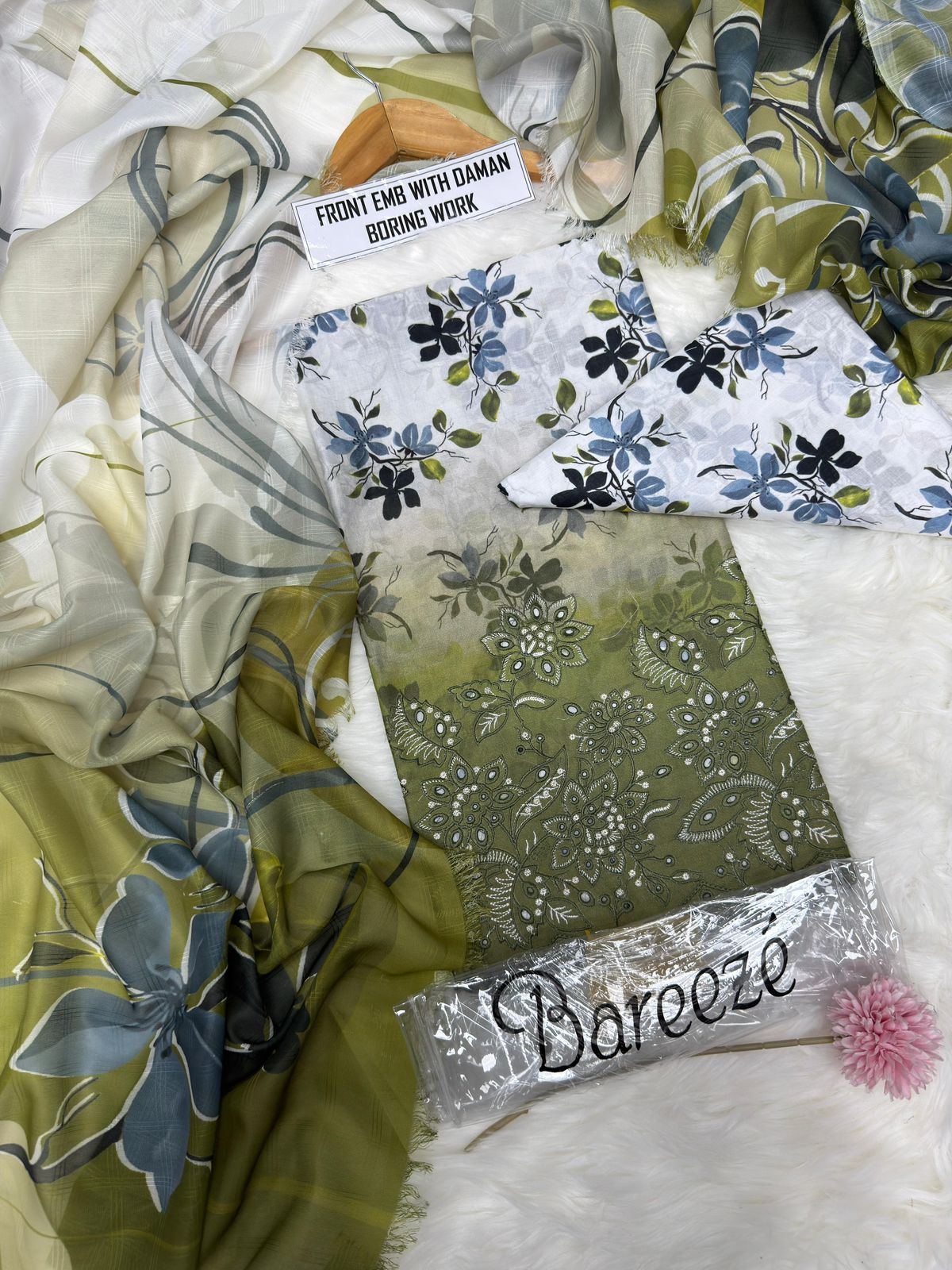 3-piece unstitched lawn suit by Bareeze featuring front embroidery with daman boring work.