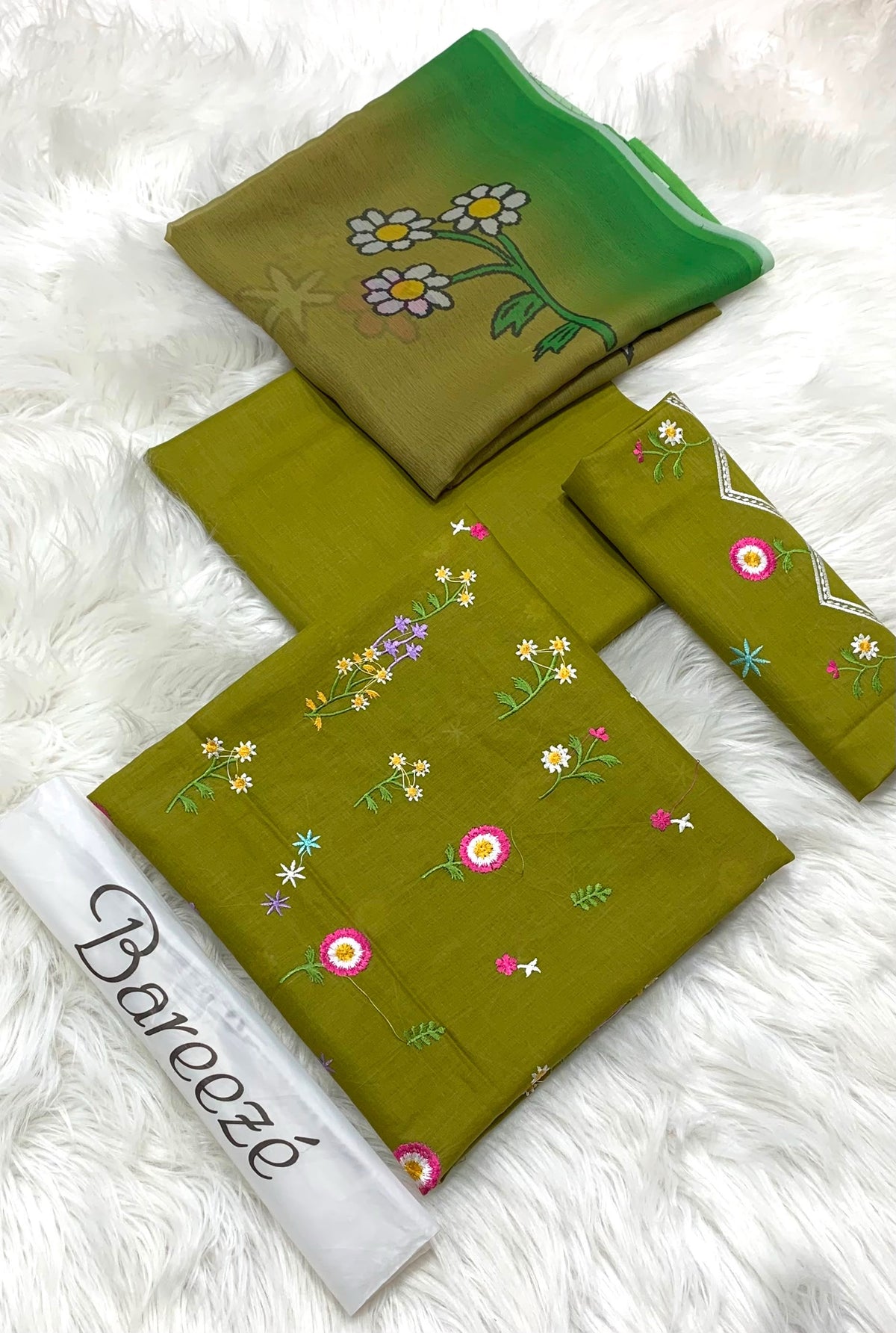 3-piece embroidered lawn suit in olive green. With scattered floral embroidery