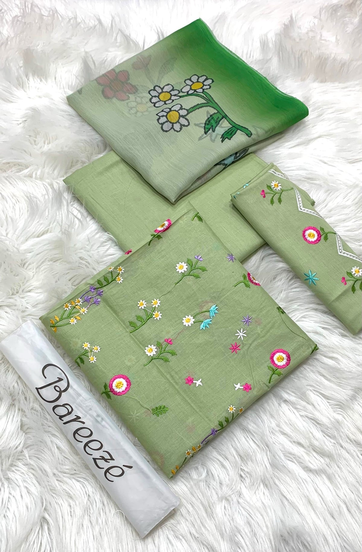 3-piece embroidered lawn suit in pistachio green.