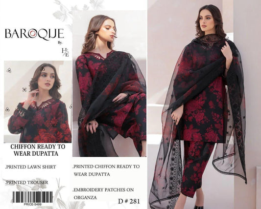 3 Piece Unstitched Printed Lawn Suit with Chiffon Dupatta