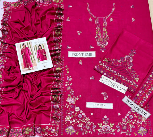 Waresha Dhanak Collection NF-3013 – 3PC Embroidered Suit (Hot Pink)