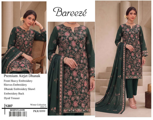 Bareeze Premium Airjet Dhanak Embroidered Suit with Shawl – Forest Green