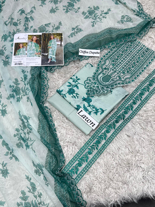 3 Piece Unstitched Lawn Suit with Chiffon 4 Side Lace Cutwork Dupatta