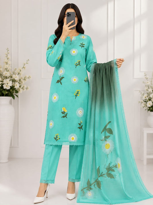 Bareeze Embroidery 3PC Lawn Suit aqua floral model wearing full outfit with dupatta