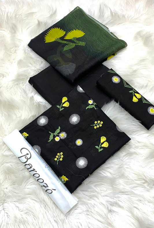 Bareeze Embroidery 3PC Lawn Suit Black Floral – fabric flat lay