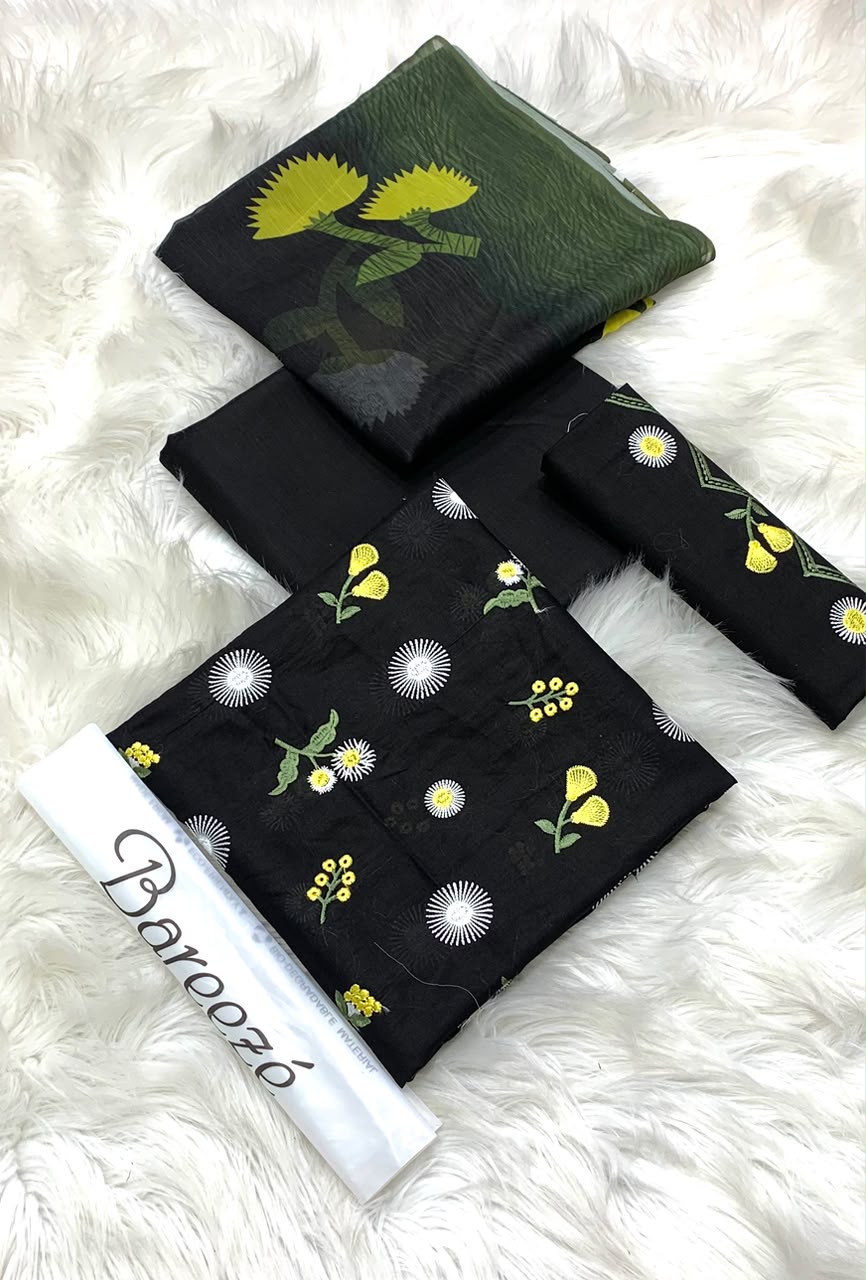 Bareeze Embroidery 3PC Lawn Suit Black Floral – fabric flat lay