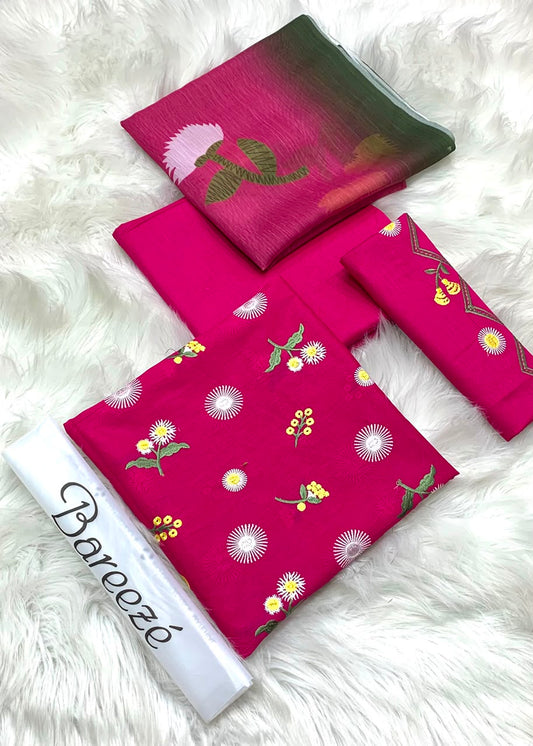 Bareeze Embroidery 3PC Lawn Suit Magenta Floral – fabric flat lay