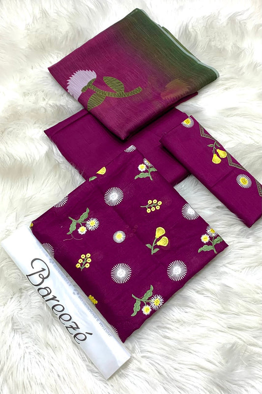 Bareeze Embroidery 3PC Lawn Suit Dark Purple Floral – fabric flat lay
