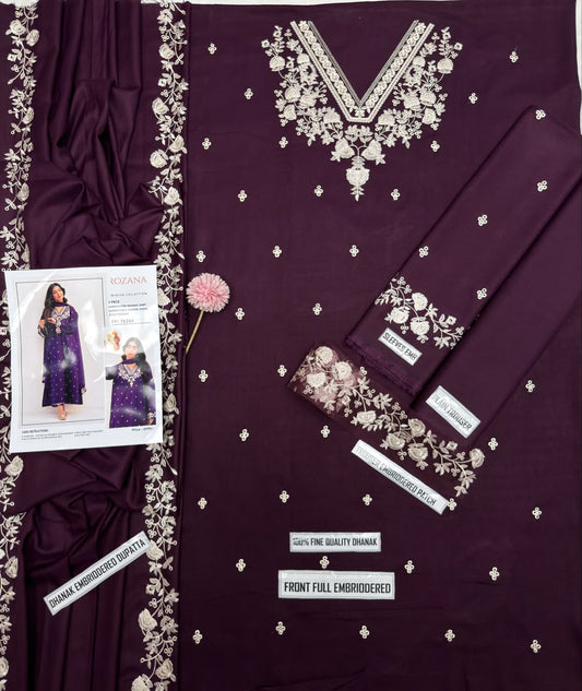 Rozana FF 7626A Purple Dhanak Unstitched Suit - Fabric Flat Lay Detail