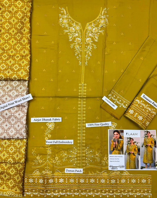 LAAM 1311 Airjet Dhanak fabric detail - Front Full Embroidery, Digital Print Wool Shawl