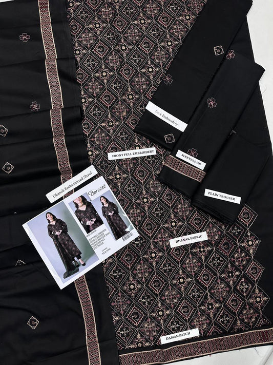 Bareeze Premium Airjet Dhanak Embroidered Suit with Shawl – Black