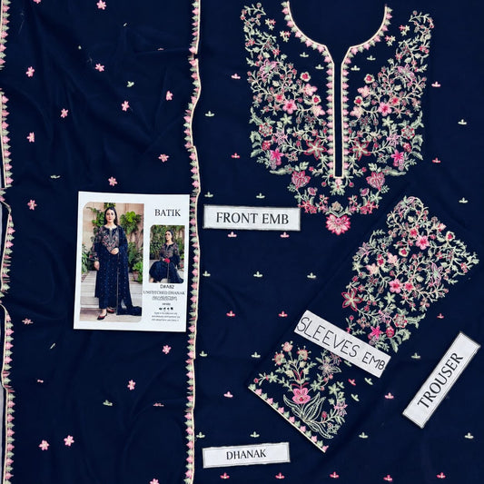 Batik Premium Dhanak Embroidered 3-Piece Suit A-82 - Navy Blue