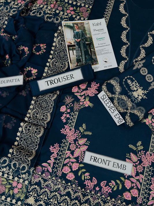 3-piece embroidered suit by Kahf from the Premium Luxury Lawn Summer Collection.
