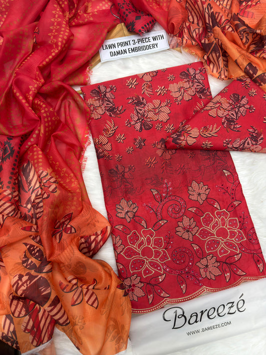 3-piece unstitched lawn suit by Bareeze featuring printed lawn with daman embroidery.