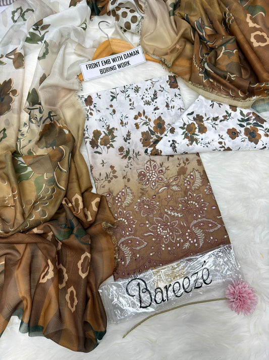 3-piece unstitched lawn suit by Bareeze featuring front embroidery