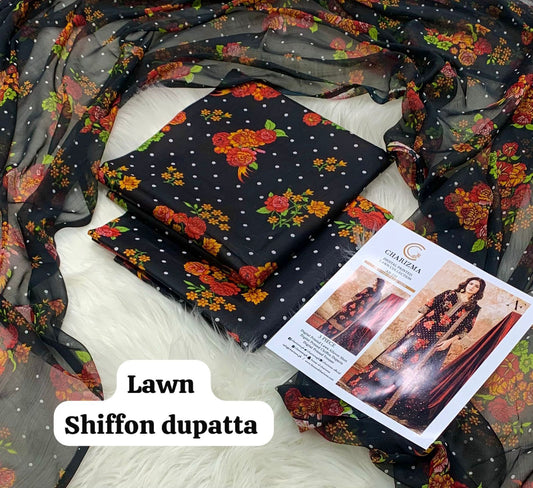 3-piece unstitched lawn suit by Charizma featuring a black base with vibrant red,