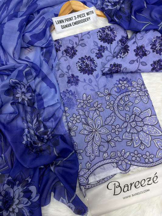 3-piece unstitched lawn suit by Bareeze featuring lawn print with daman embroidery.