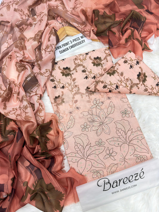 3-piece unstitched lawn suit by Bareeze featuring lawn print with daman embroidery