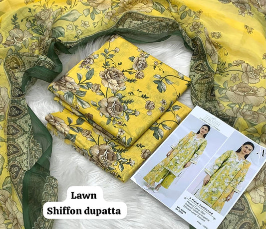 3-piece unstitched lawn suit by Afrozeh featuring a sunny yellow base