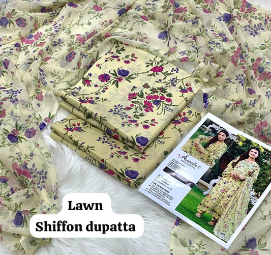 3-piece unstitched lawn suit by Aneela’s featuring a soft lemon yellow base