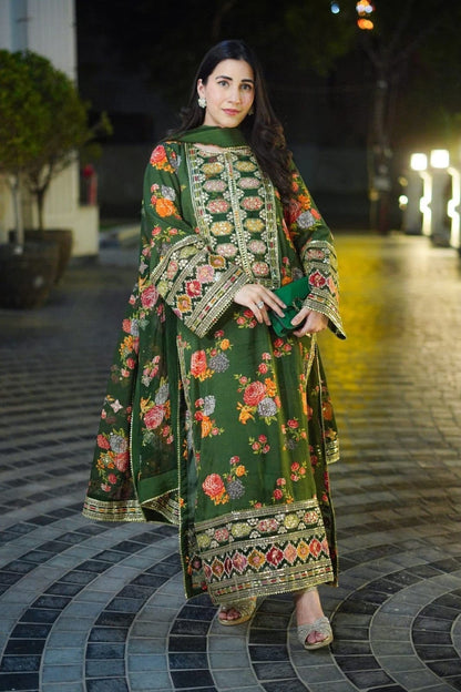 Forest Green 3-Piece Embroidered Suit | Zari & Sequin Work | Bella's Creation