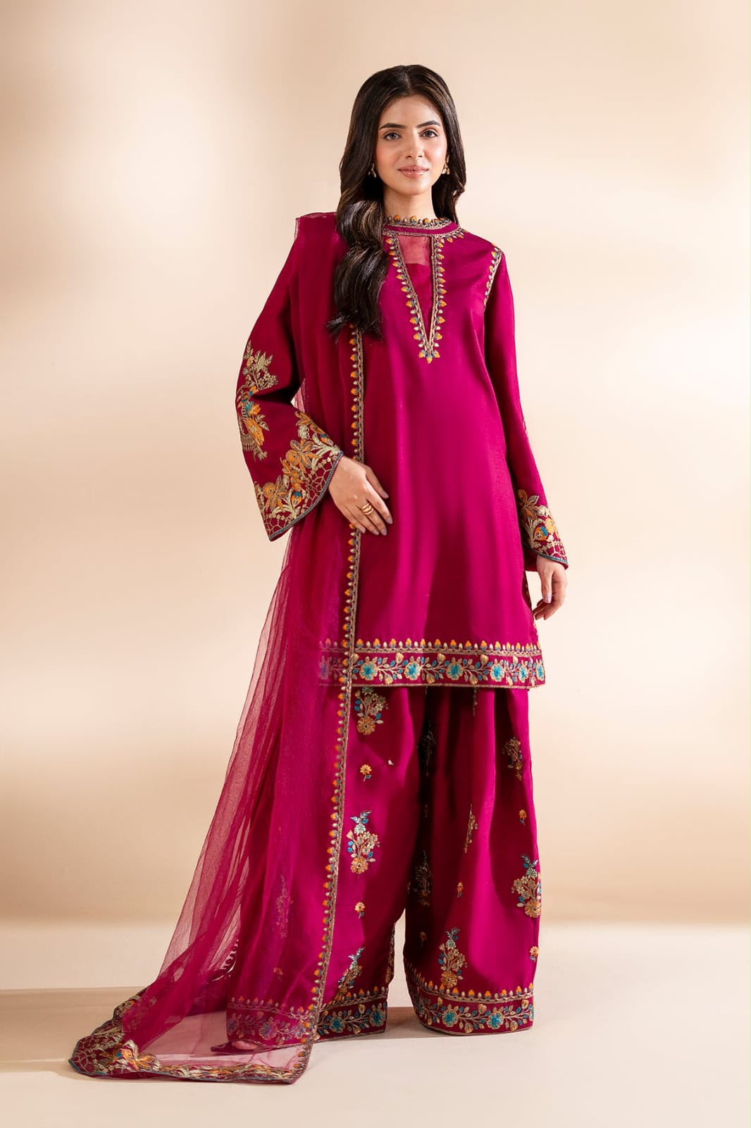 3-Piece Embroidered Silk Suit in Hot Pink Magenta with Fancy Dupatta | Bella's Creation