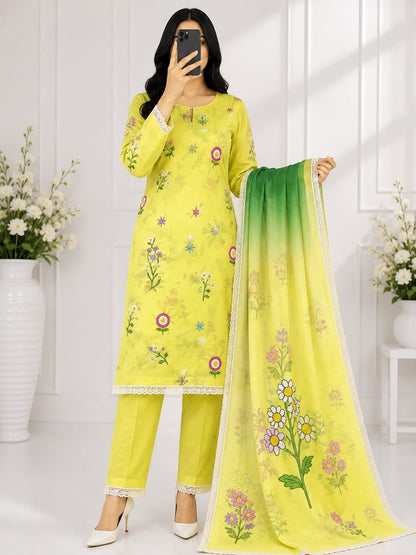 3-piece embroidered lawn suit in lemon yellow. With multi-color floral embroidery and  dupatta,