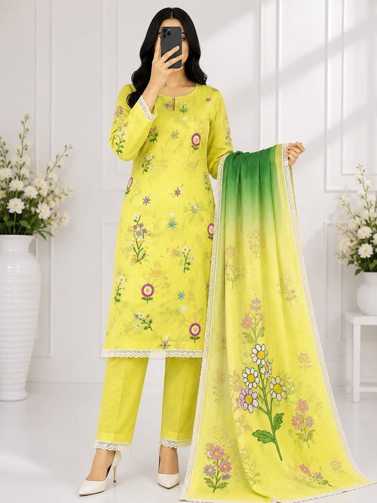 3-piece embroidered lawn suit in lemon yellow. With multi-color floral embroidery and  dupatta,