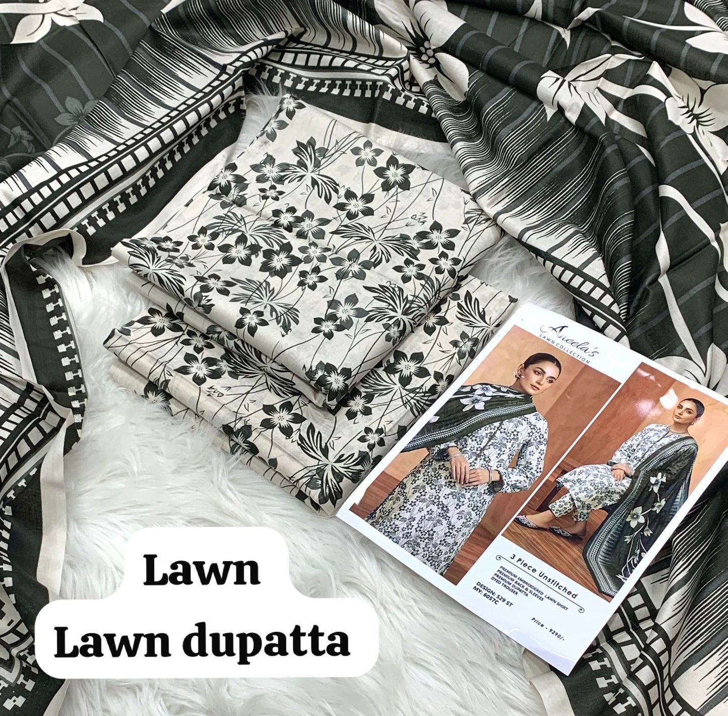 A classic 3-piece unstitched lawn suit by Aneela’s