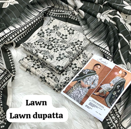 A classic 3-piece unstitched lawn suit by Aneela’s