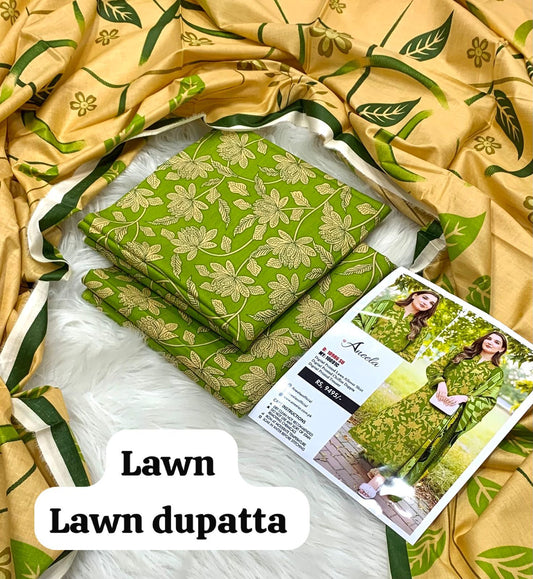 A fresh 3-piece unstitched lawn suit by Aneela