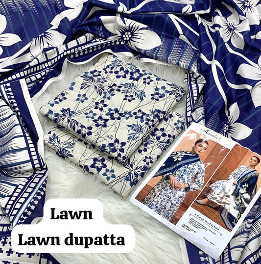A classic 3-piece unstitched lawn suit by Aneela’s