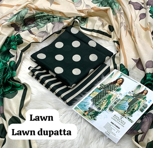 A chic 3-piece unstitched lawn suit by Bonanza Satrangi from the Summer Collection.