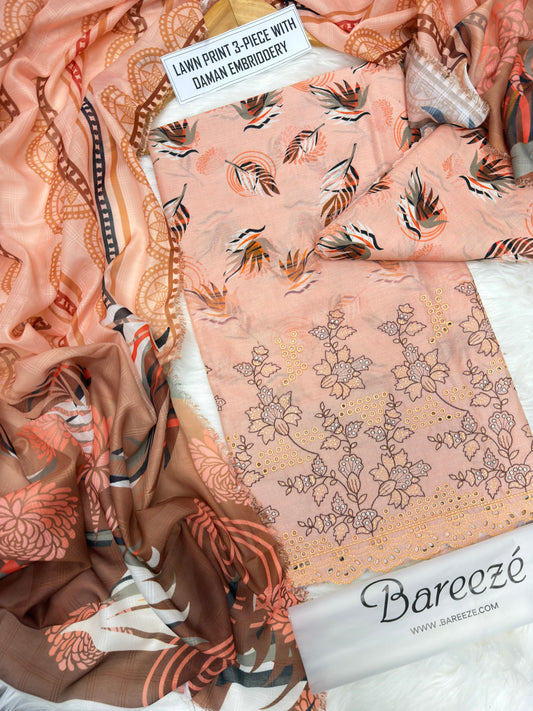 3-piece unstitched lawn suit by Bareeze featuring printed lawn with daman embroidery.