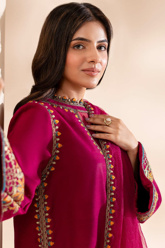 3-Piece Embroidered Silk Suit in Hot Pink Magenta with Fancy Dupatta | Bella's Creation