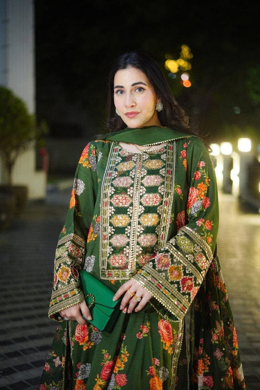 Forest Green 3-Piece Embroidered Suit | Zari & Sequin Work | Bella's Creation