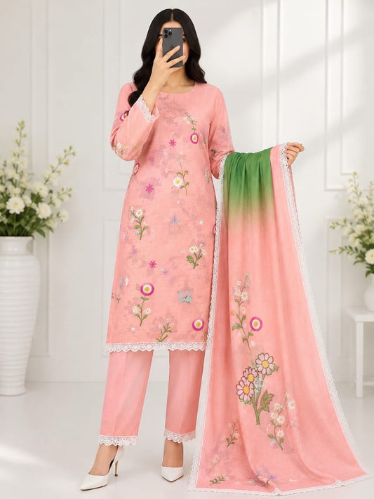 elegant 3-piece embroidered lawn suit in peachy pink. With delicate floral embroidery and a dreamy dupatta,
