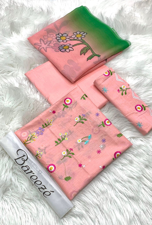 elegant 3-piece embroidered lawn suit in peachy pink. With delicate floral embroidery and a dreamy dupatta,