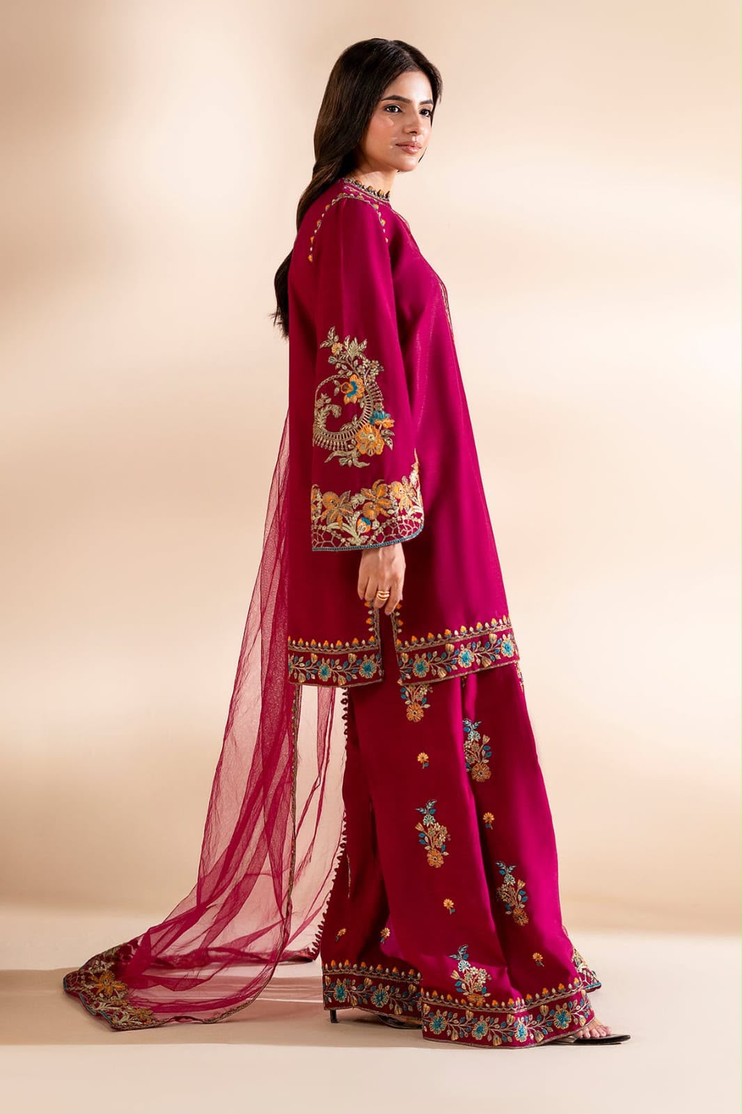 3-Piece Embroidered Silk Suit in Hot Pink Magenta with Fancy Dupatta | Bella's Creation