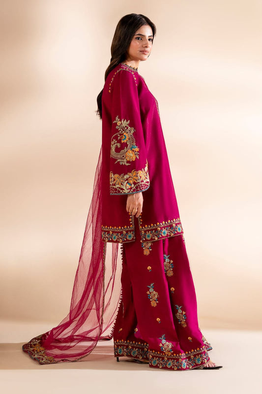 3-Piece Embroidered Silk Suit in Hot Pink Magenta with Fancy Dupatta | Bella's Creation