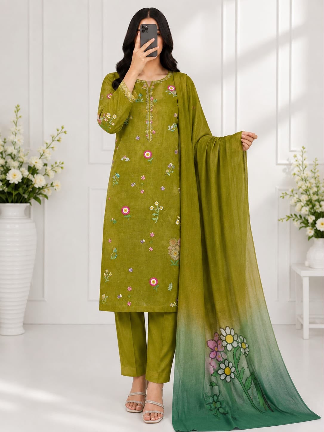 3-piece embroidered lawn suit in olive green. With scattered floral embroidery