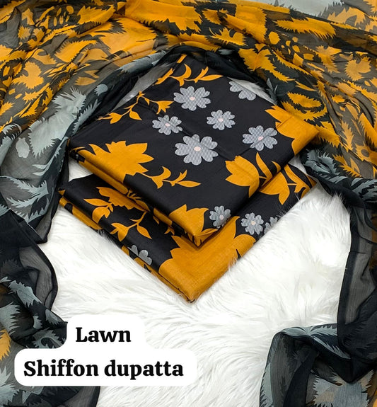 3-piece unstitched lawn with  Flowy chiffon dupatta