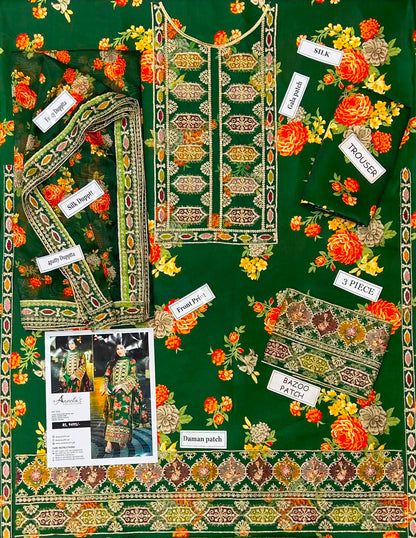 Forest Green 3-Piece Embroidered Suit | Zari & Sequin Work | Bella's Creation