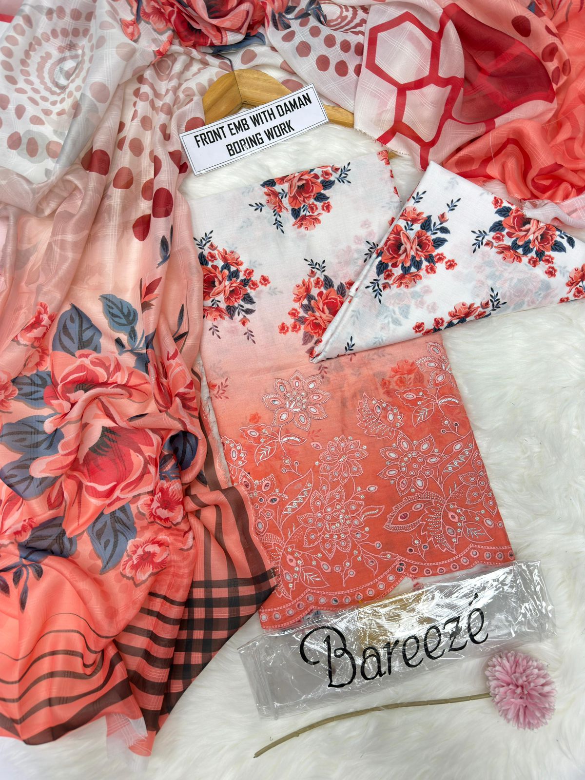 3-piece unstitched lawn suit by Bareeze featuring printed lawn with daman embroidery