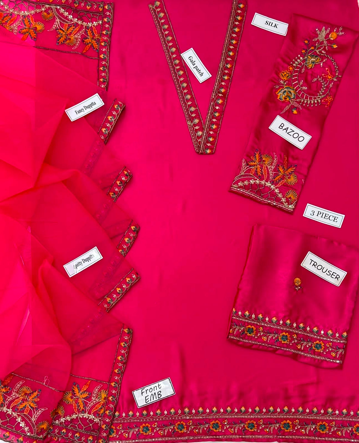 3-Piece Embroidered Silk Suit in Hot Pink Magenta with Fancy Dupatta | Bella's Creation