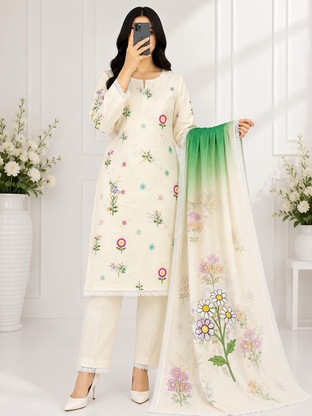 3-piece embroidered lawn suit in off-white/ivory. With delicate multi-color floral embroidery