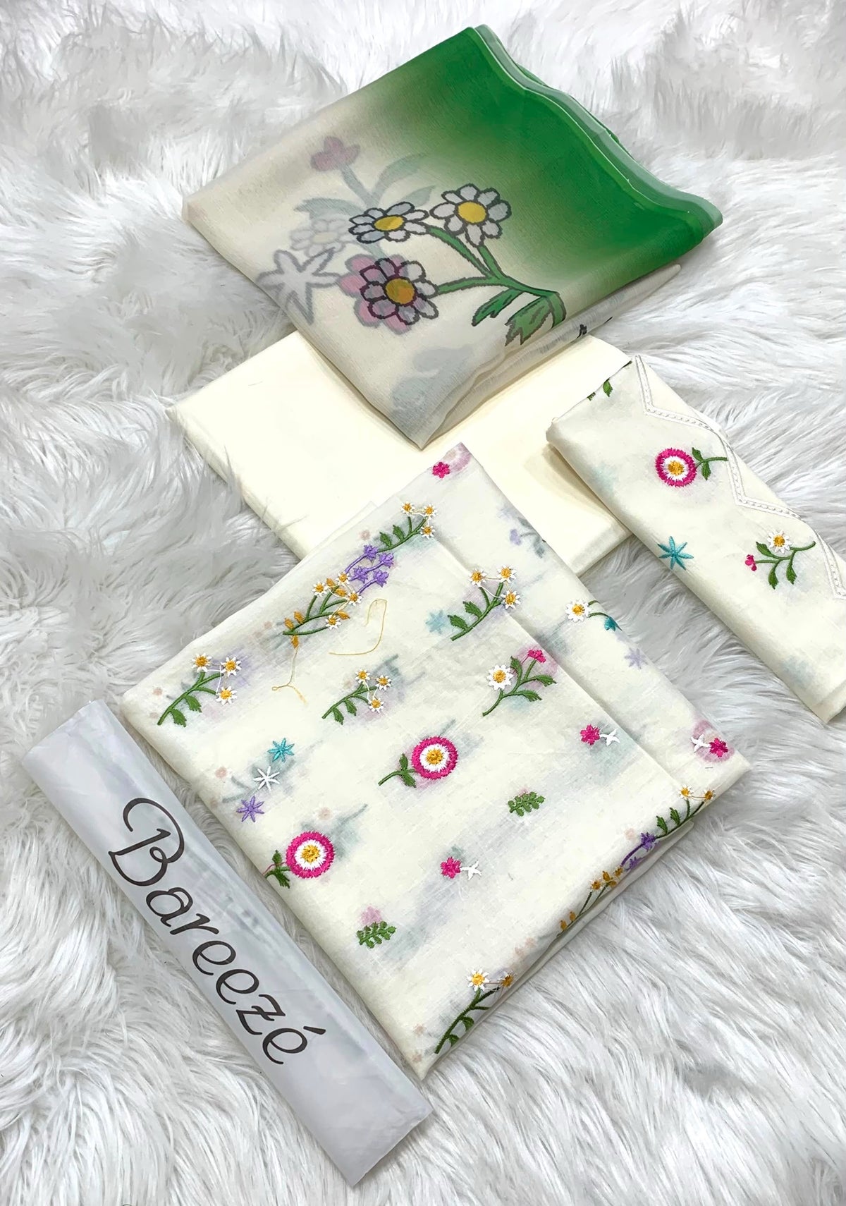 3-piece embroidered lawn suit in off-white/ivory. With delicate multi-color floral embroidery