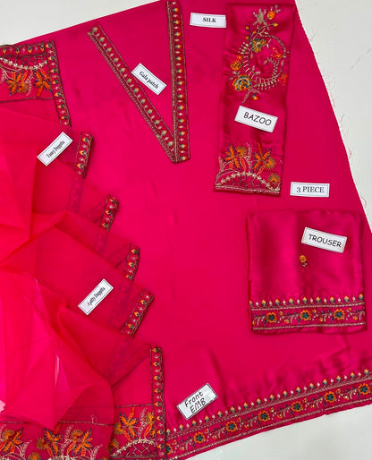 3-Piece Embroidered Silk Suit in Hot Pink Magenta with Fancy Dupatta | Bella's Creation