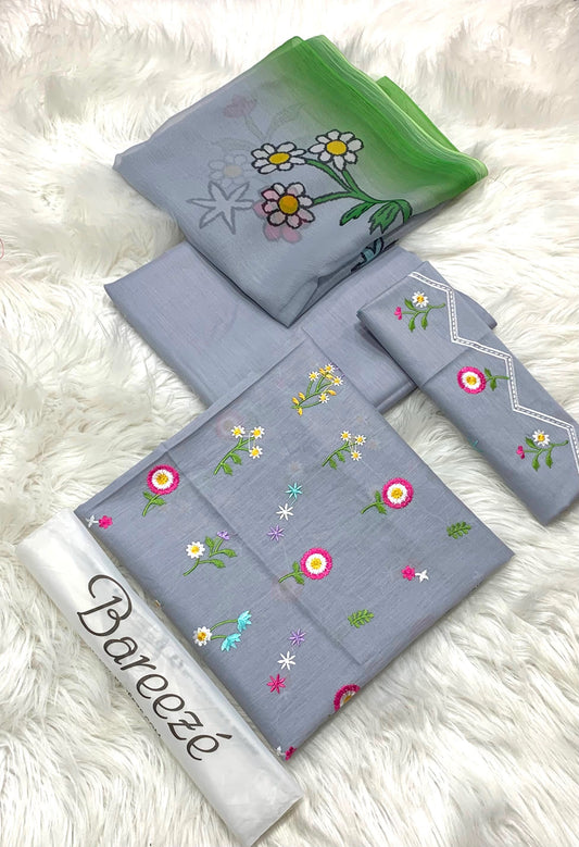 3-piece embroidered lawn suit in powder blue. With cute floral embroidery,